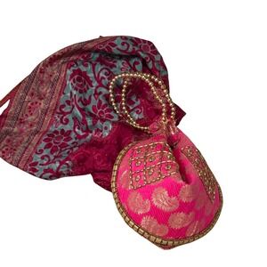 Pink Silk Potli Bag Gold Zari Embroidery Beaded Handle Indian Wedding Clutch Bag